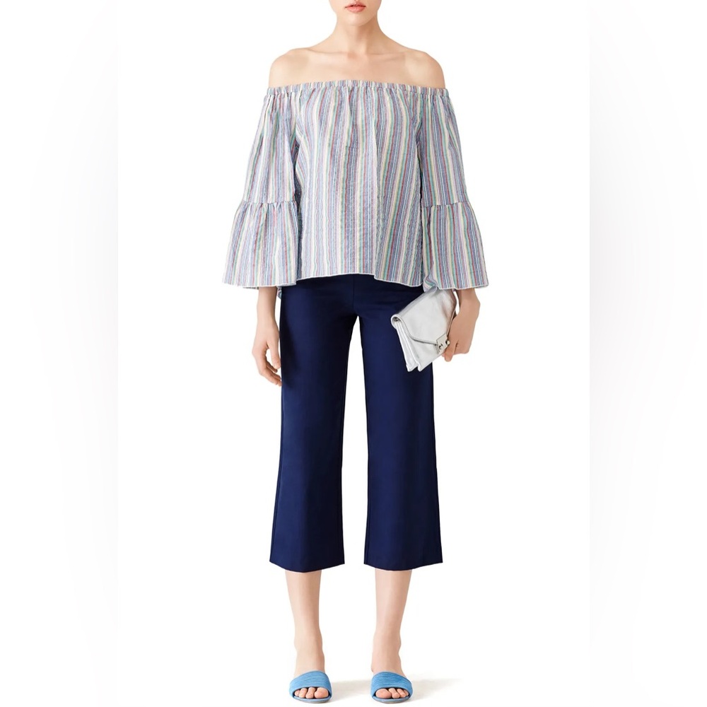 See By Chloe Blue Stripe Off Shoulder Cotton Top Shirt Blouse